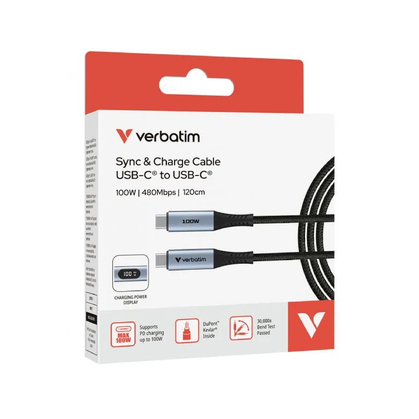 Cable Verbatim 100w Display tipo C a USB-C Kevlar 120cm Negro